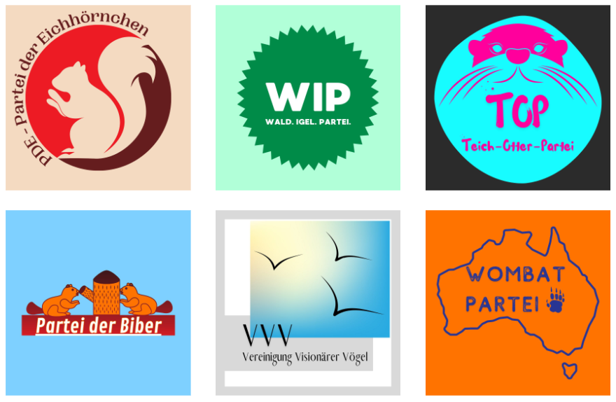 6 Partei-Logos der verschiedenen Tier-Parteien