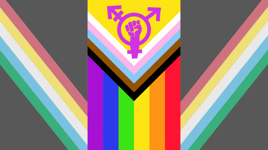 Es ist eine Kombination der Flaggen Progress Pride, Queerfeminismus und Disability Pride zu sehen.